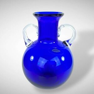 Blenko Handcraft Cobalt Blue Double Handle Glass Vase Vintage USA